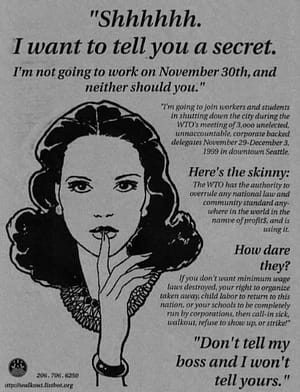 Flyer for the student and labor walkout during the WTO protests in Seattle.