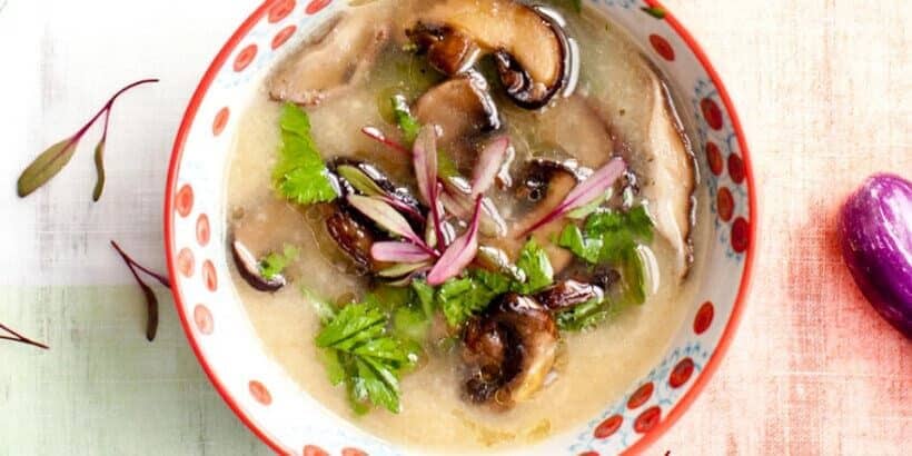 HealYourGutCoverImage Bowl of soup with mushrooms and herbs on a table