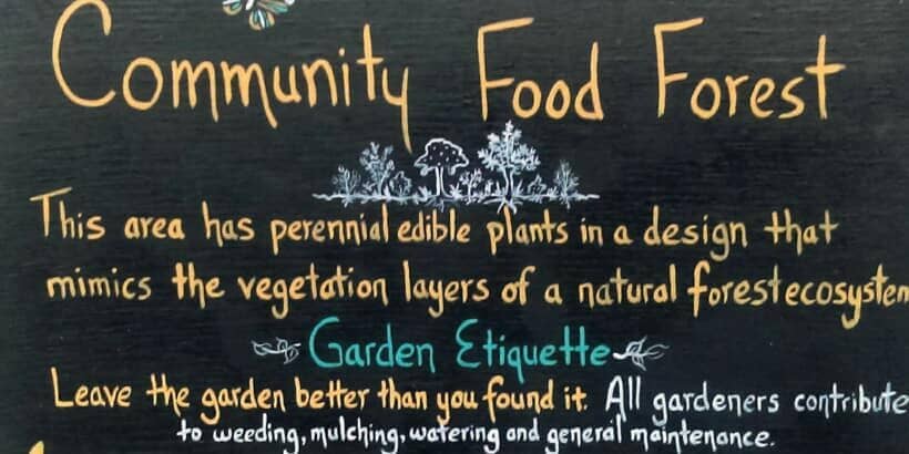 Plate15_CommunityFoodForestSign_CommunityFoodForest A black sign that says community food forest